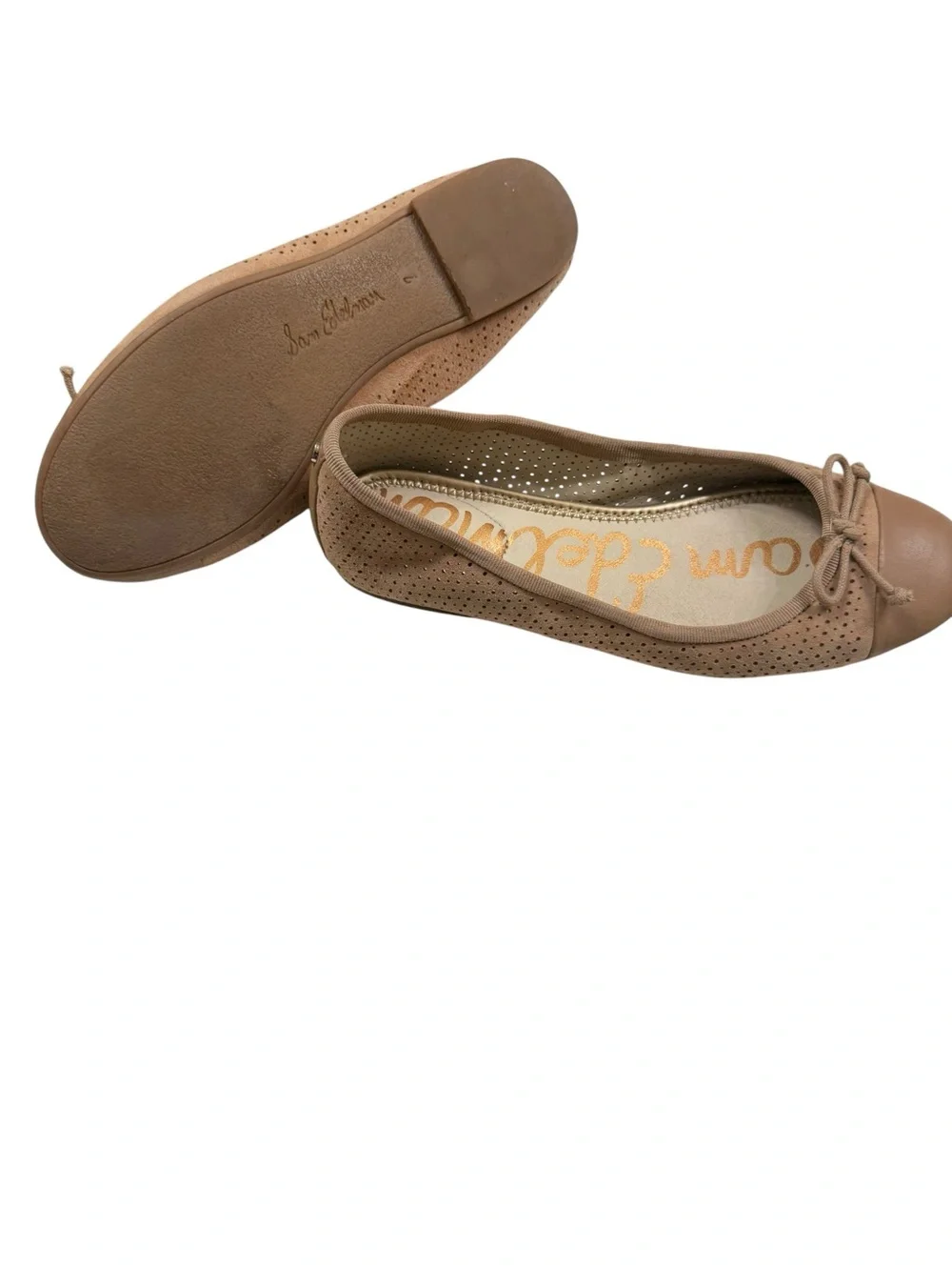 Sam Edelman Tan Perforated Suede & Leather Ballet Flats with Bow